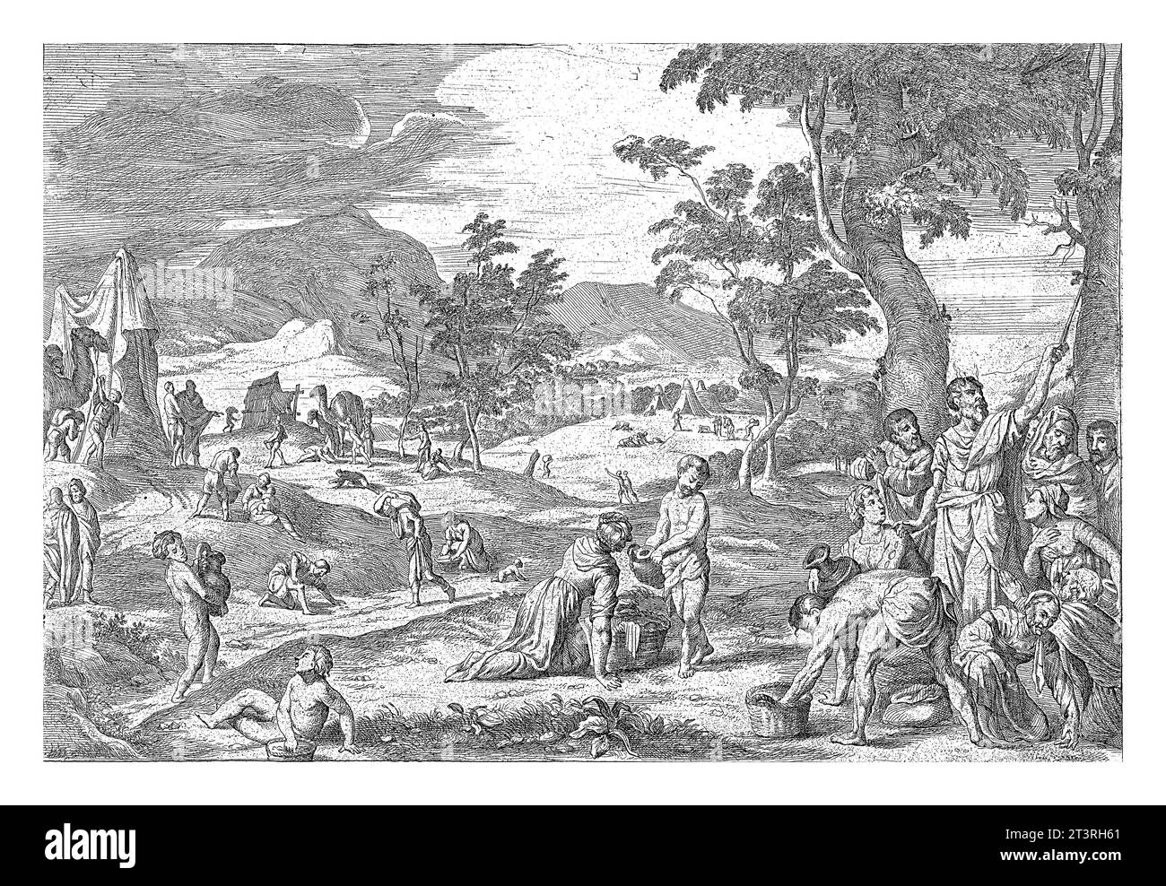 Das Manna sammeln, Jan van Ossenbeeck, nach Nikolaas van Hoy, nach Jacopo Tintoretto, ab 1660 sammeln die Israeliten das Manna in Körben Stockfoto