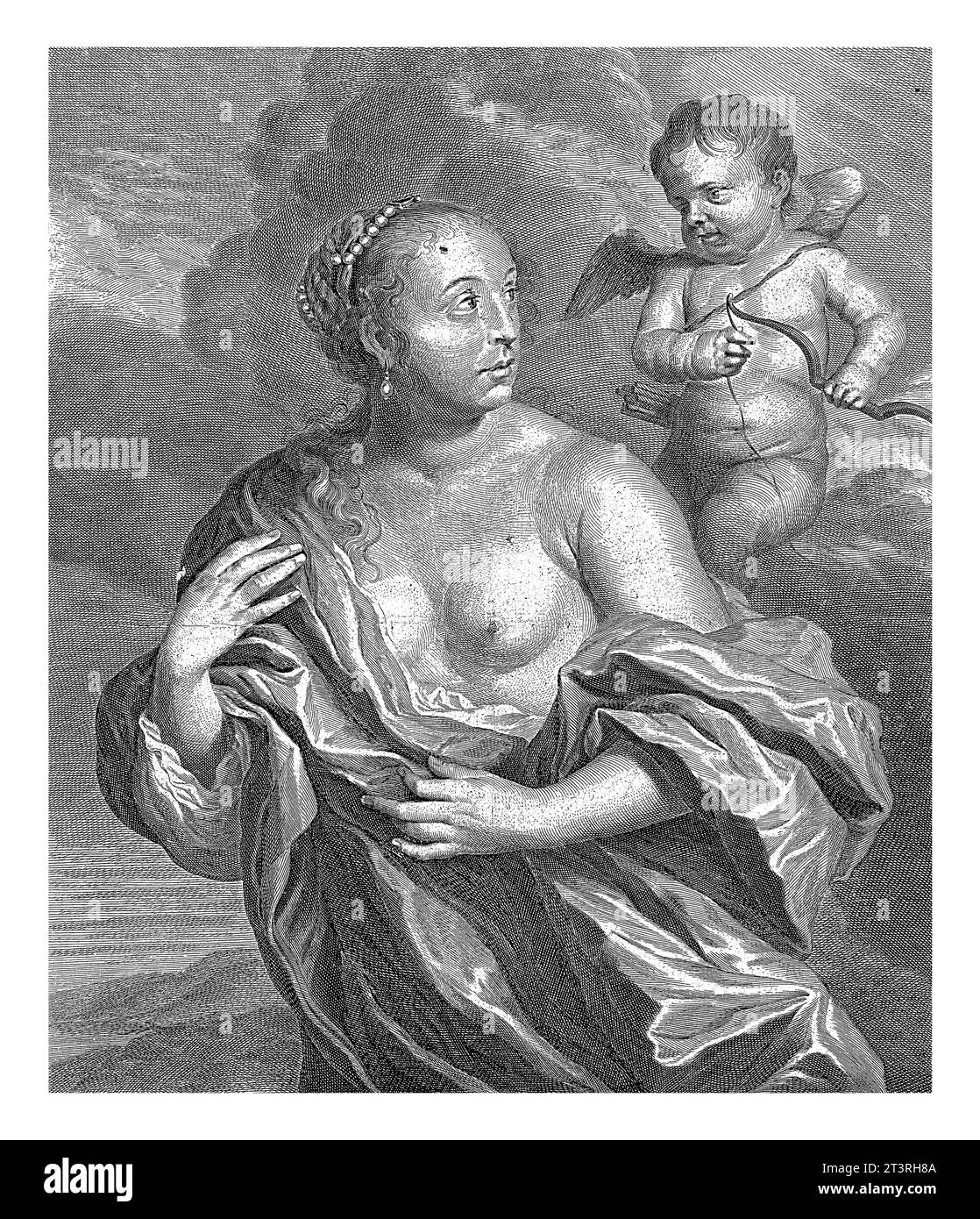 Venus und Cupido, Cornelis van Dalen (II), nach Govert Flinck, 1665–1690 Venus und Cupido, Vers von Joost van den Vondel im unteren Rand. Stockfoto
