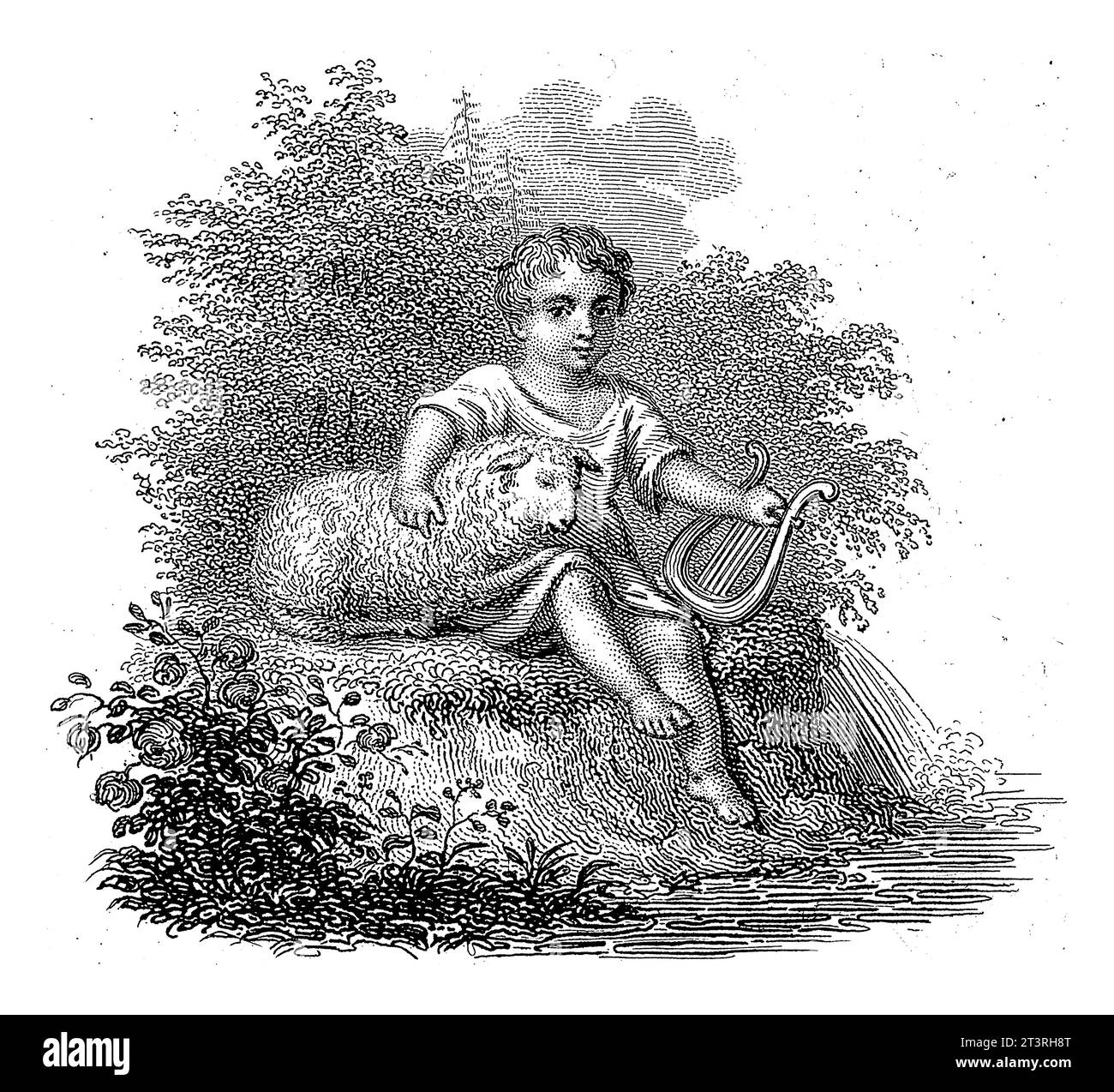 Kind mit einem Schaf und einer Leier, Philippus Velijn, nach Kruger, 1832 Ein Kind mit einem Schaf und einer Winde zwischen Laub am Rande eines Baches. Stockfoto