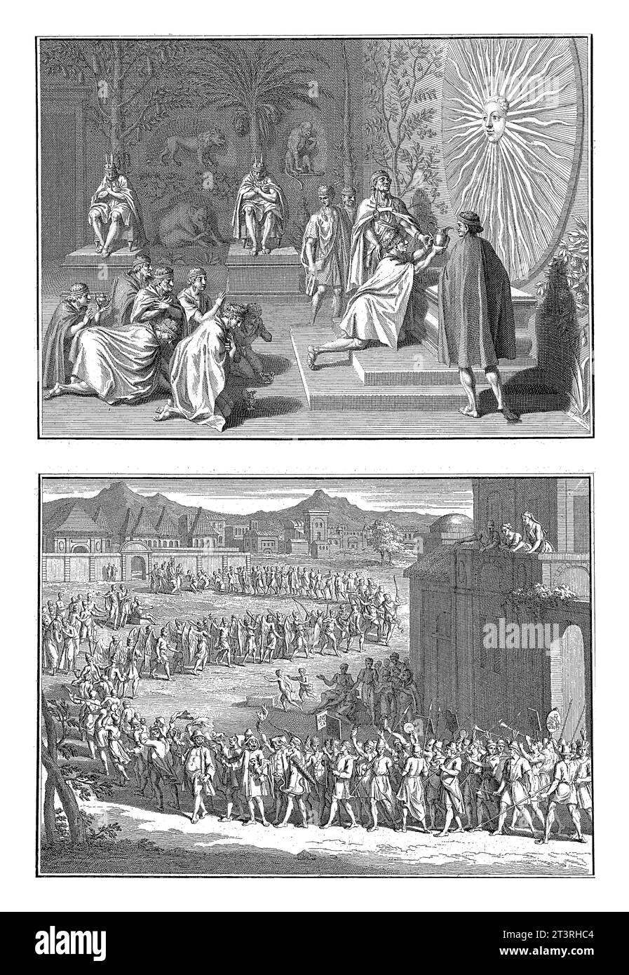 Darstellungen religiöser Zeremonien bei den Inkas, Bernard Picart (Werkstatt), nach Bernard Picart, 1723 Magazin mit zwei Darstellungen von Re Stockfoto