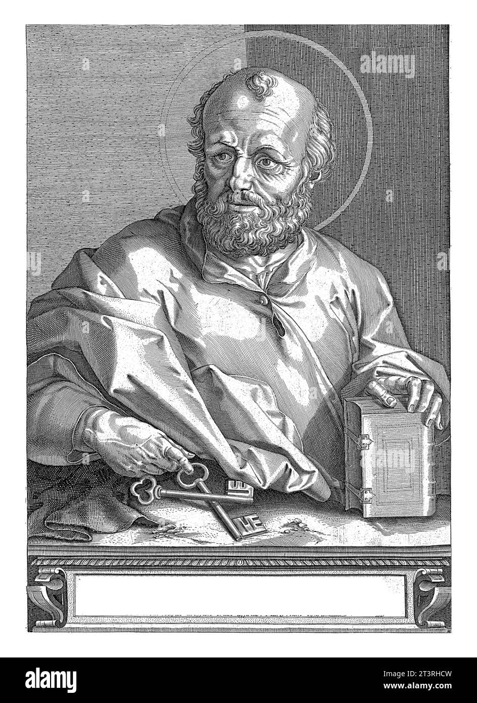 Apostel Peter, Egbert van Panderen, um 1590–1637 Apostel Peter mit Schlüssel und Buch in der Hand. Sein Name steht über seinem Kopf in lateinischer Sprache. Stockfoto