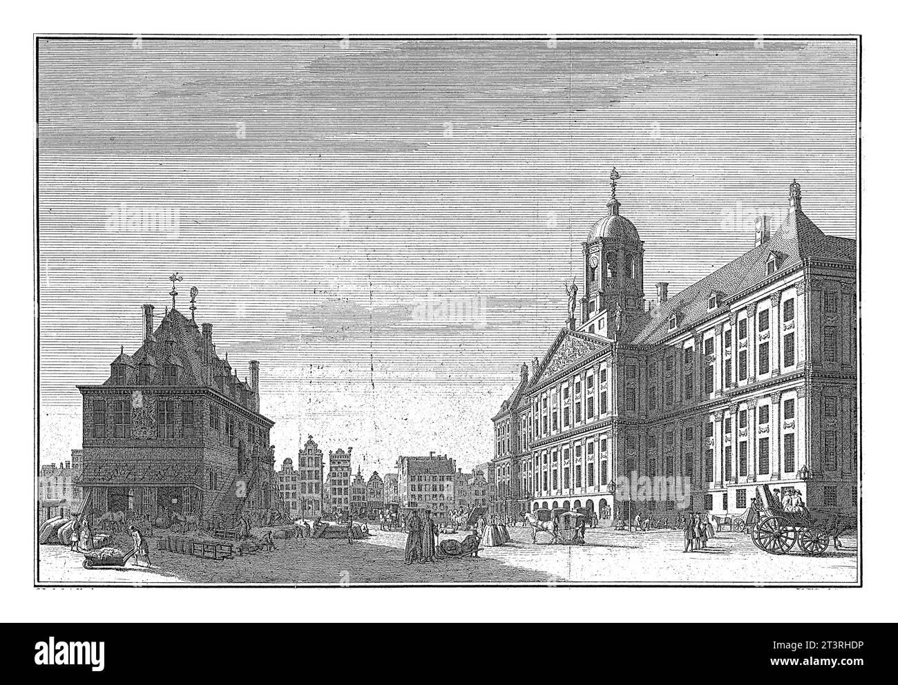 Blick auf die Waag und das Rathaus am Damm in Amsterdam, Jan Caspar Philips, nach Cornelis Pronk, 1743 - 1744 Blick auf die Waag (links) und die Stadt Stockfoto