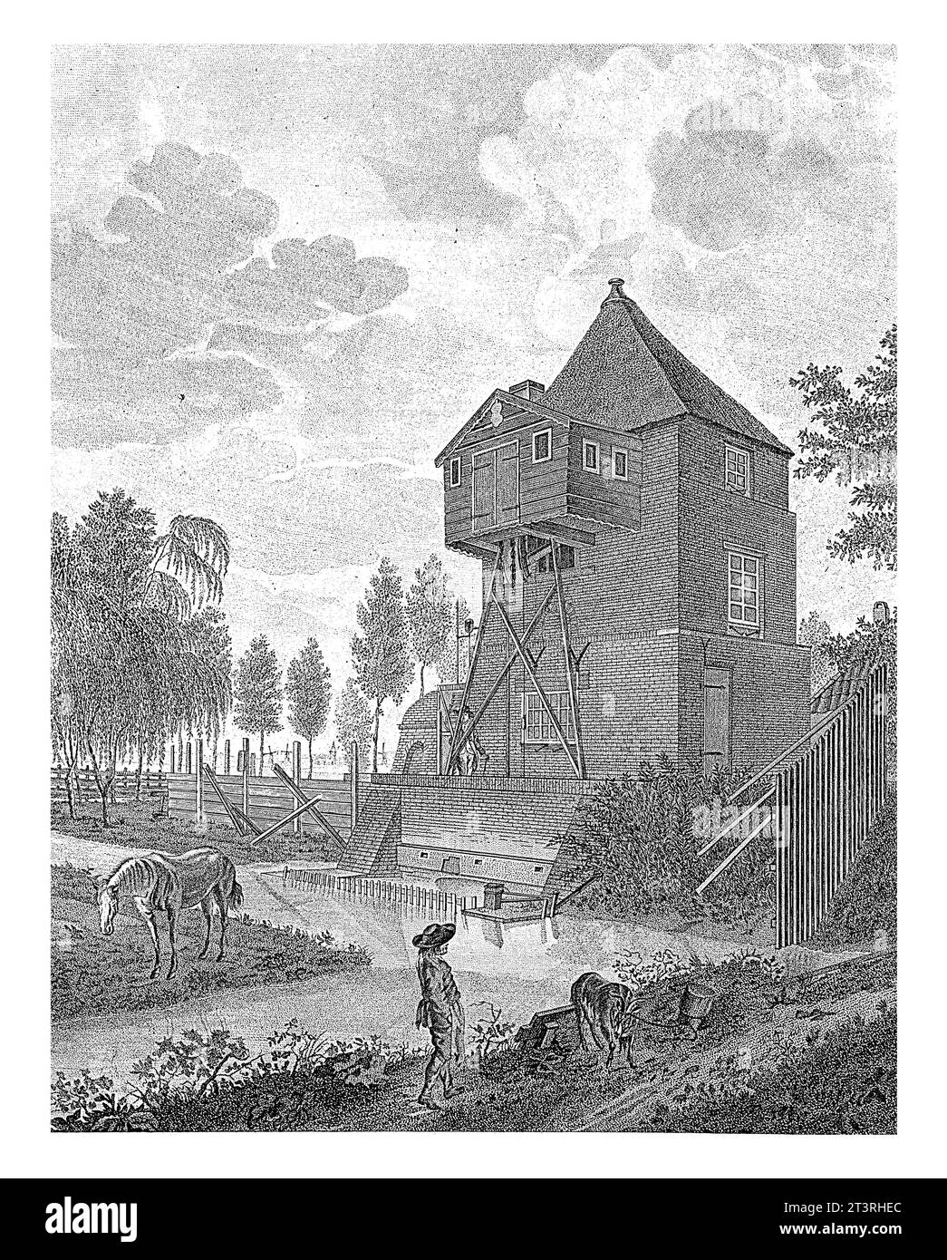 Dampfmaschine in Rotterdam, 1776, Sophia Wilhelmina Evans, nach Johannes Zacharias Simon Prey, 1790–1816 Ansicht eines Backsteingebäudes mit Kesselhaus Stockfoto