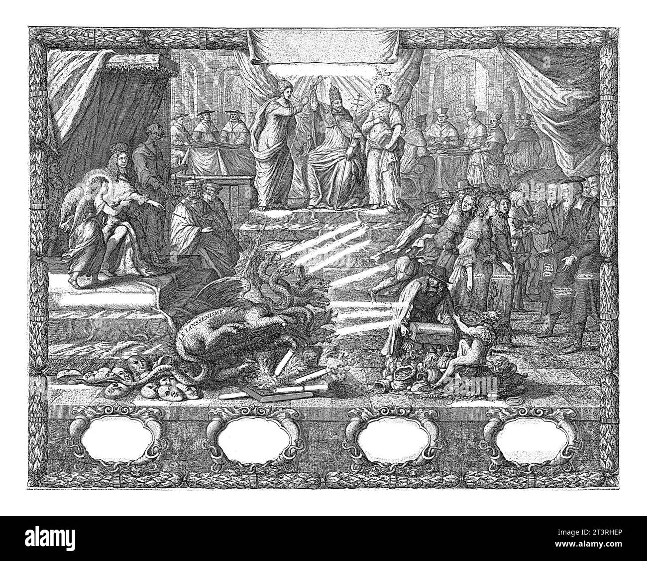 Allegory of the fight against Jansenism, Albert Flamen, 1653 eine allegorische Darstellung in einem Rahmen aus gebundenen Lorbeerblättern. Stockfoto