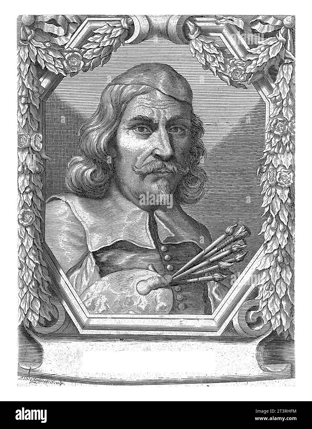 Porträt von Guercino, Albertus Clouwet, nach Guercino, 1646–1679 achteckiges Porträt von Giovanni Francesco Barbieri, besser bekannt als Guercino, an IT Stockfoto