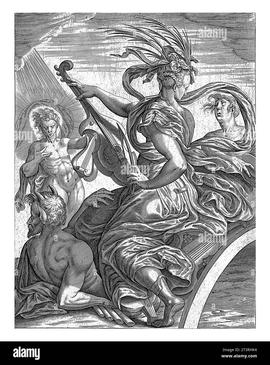 Die weibliche Personifikation der Musik spielt ein Instrument. Sie ist umgeben von Pan, Apollo und einer dritten Figur. Im Rahmen im Rand ein vierzeiliges c Stockfoto