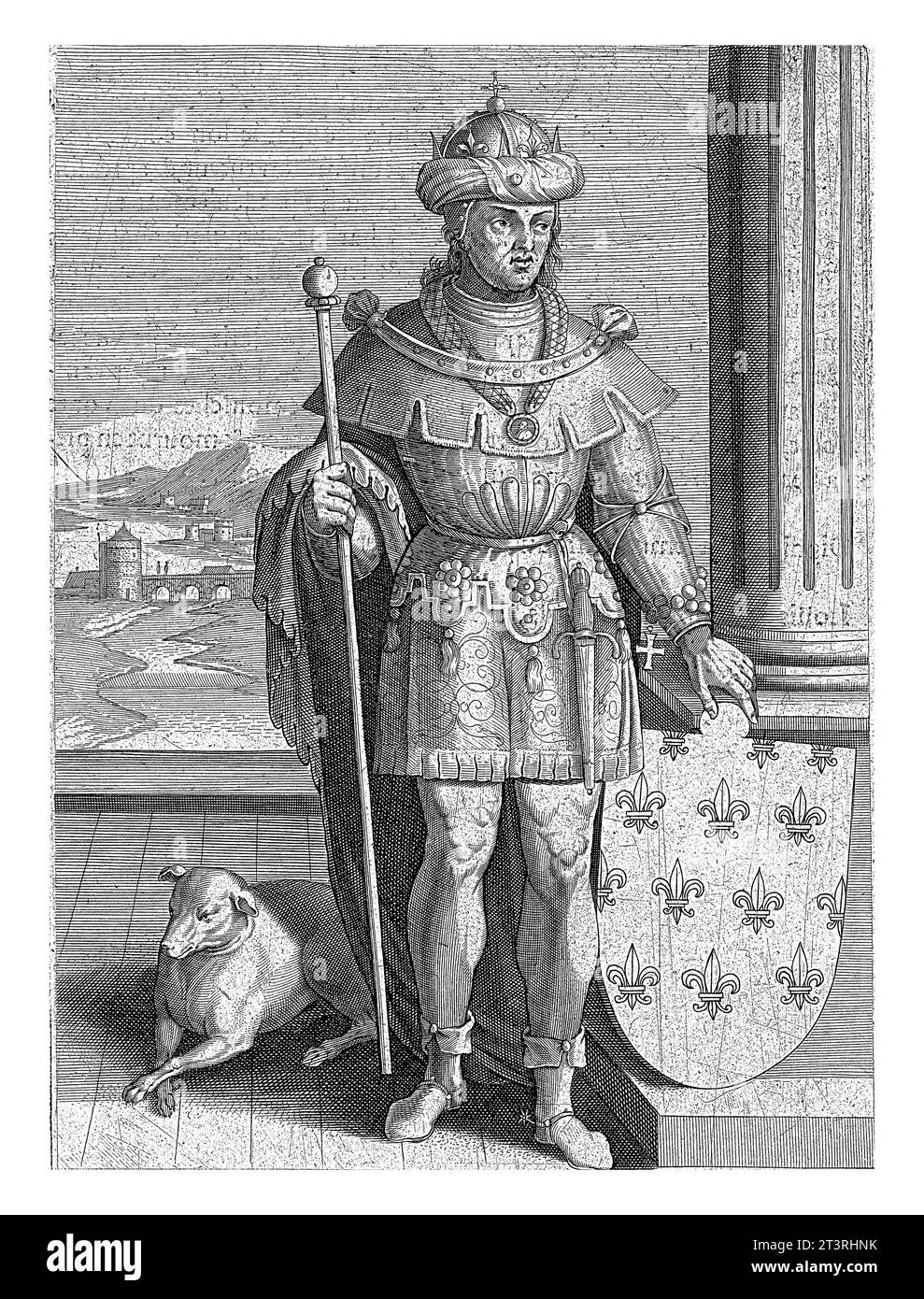 Porträt von Ludwig dem Stammerer, Philips Galle (abgelehnte Zuschreibung), 1603 Ludwig II. Der Stammerer, König von Frankreich. Neben ihm das Wappen von Pater Stockfoto