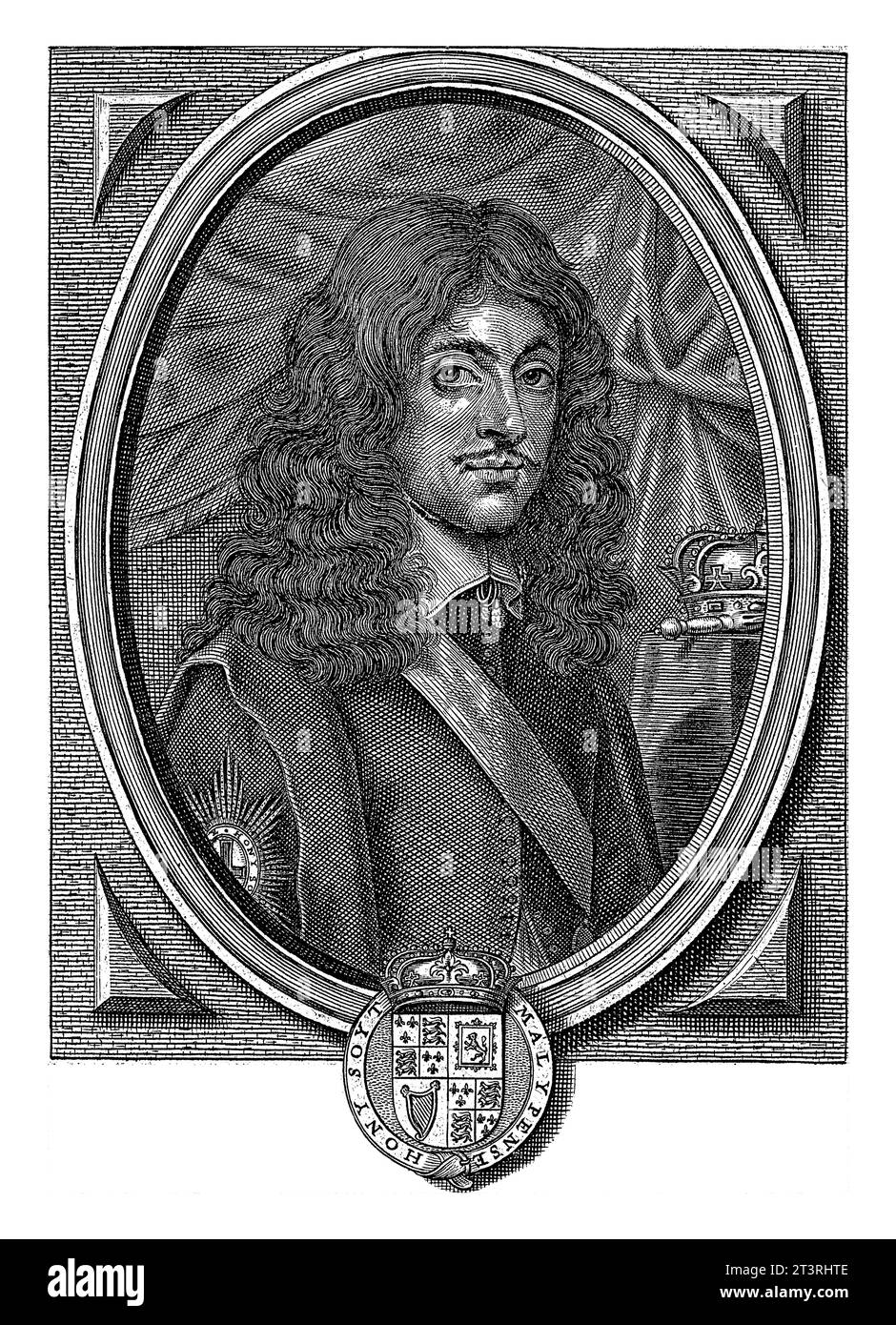 Porträt von Karl II. Von England, Frederik Bouttats (der ältere), nach Jan van den Hoecke, 1649–1676 Porträt im ovalen Rahmen von Karl II. Von Englan Stockfoto