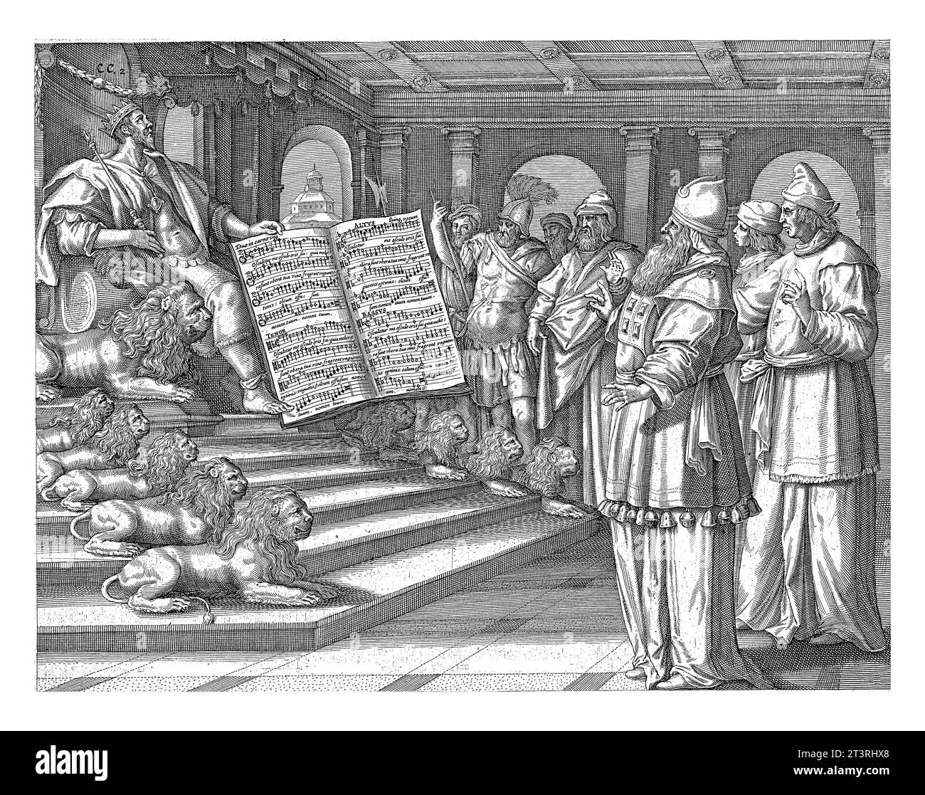 König Salomo auf seinem Thron, Johann Sadeler (I), nach Maerten de Vos, 1643 König Salomo sitzt auf seinem Thron, dessen sechs Stufen auf eith flankiert sind Stockfoto