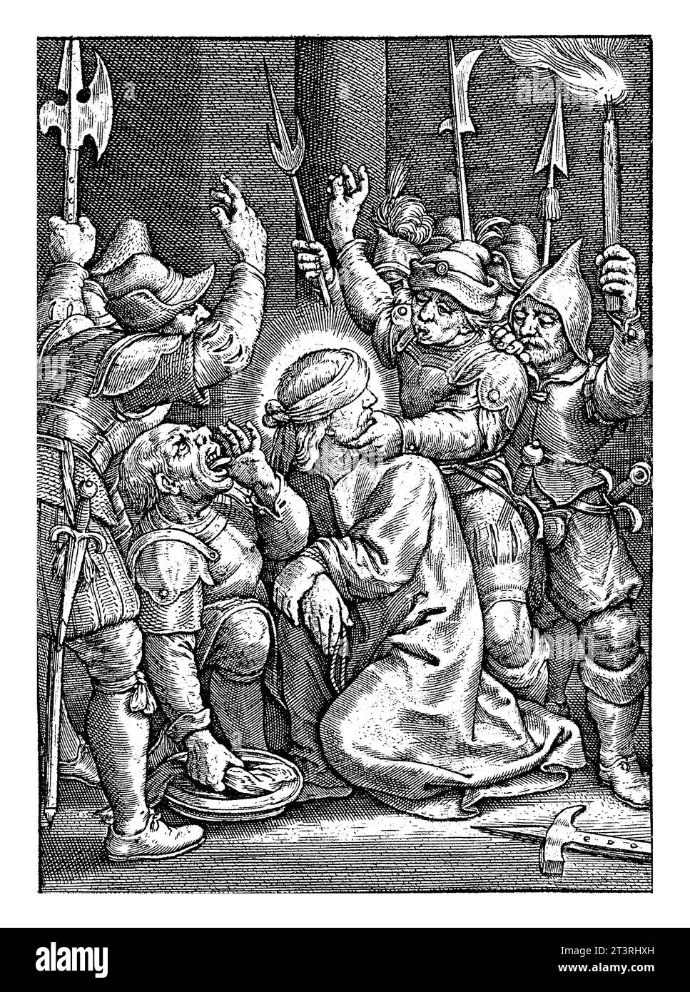 Verhöhnung Christi, Hieronymus Wierix, 1563 – vor 1619 wird der Christus mit den Augen von den Soldaten verspottet. Sie spucken auf ihn und schlagen ihm ins Gesicht. Stockfoto