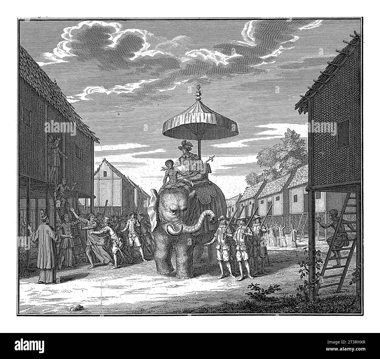 Portugiesisch auf Elefanten bei Pegu, Jan Caspar Philips, 1730 Ein portugiesischer Offizier auf einem Elefanten kommt in ein Dorf. Er befahl seinen Soldaten, eine Frau zu fangen Stockfoto