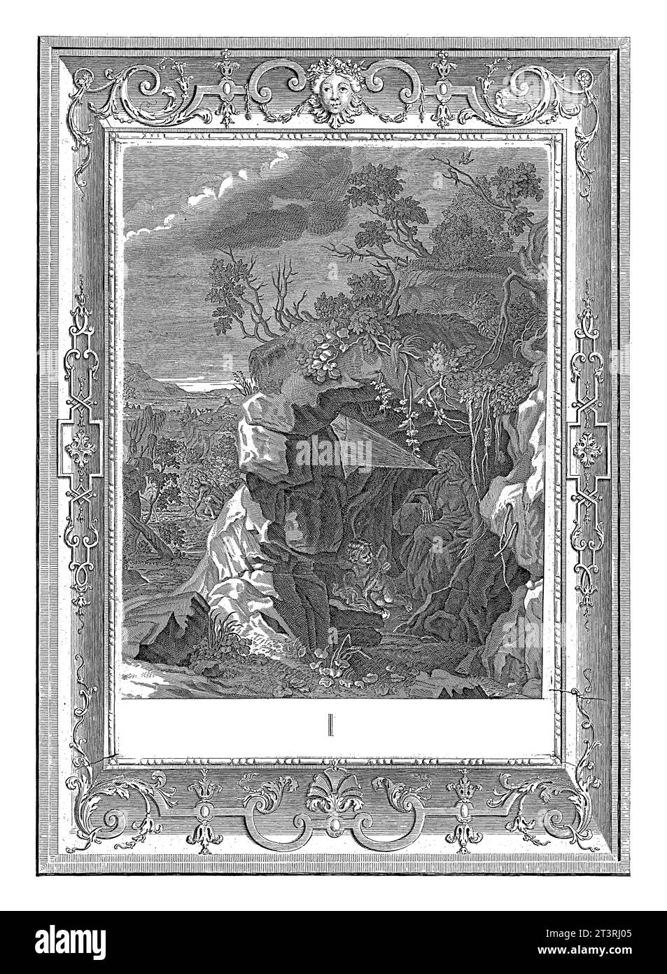 Narcissus and Echo, Bernard Picart (Werkstatt), nach Bernard Picart, 1731 war die Nymphe Echo in Narcissus verliebt, aber ihre Liebe wurde nicht zurückgegeben. Stockfoto