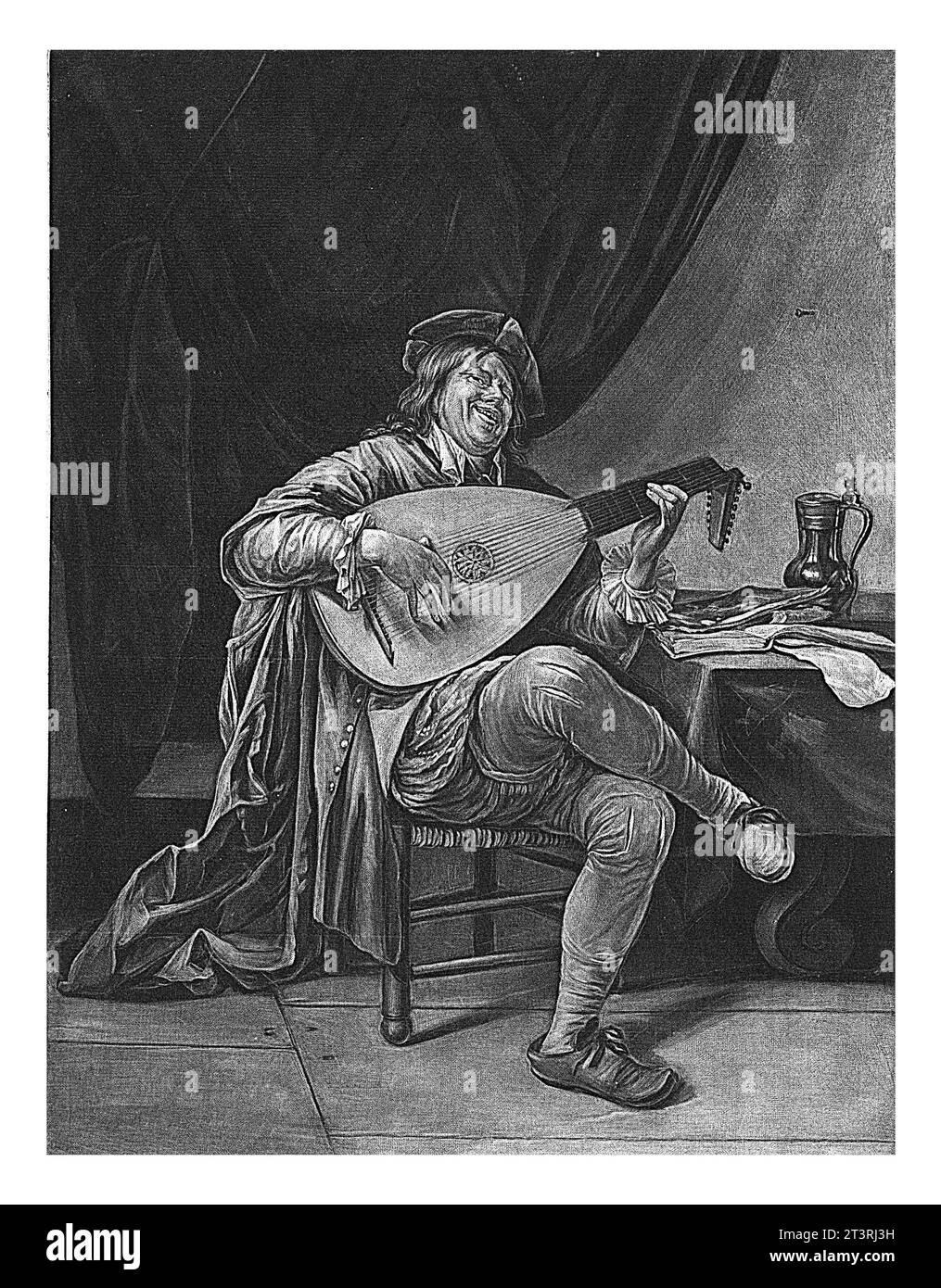 Selbstporträt von Jan Steen als Lautenspieler, Jacob Gole, nach Jan Havicksz. Steen, 1670–1724 Selbstporträt des Malers Jan Steen. Er spielt eine lut Stockfoto