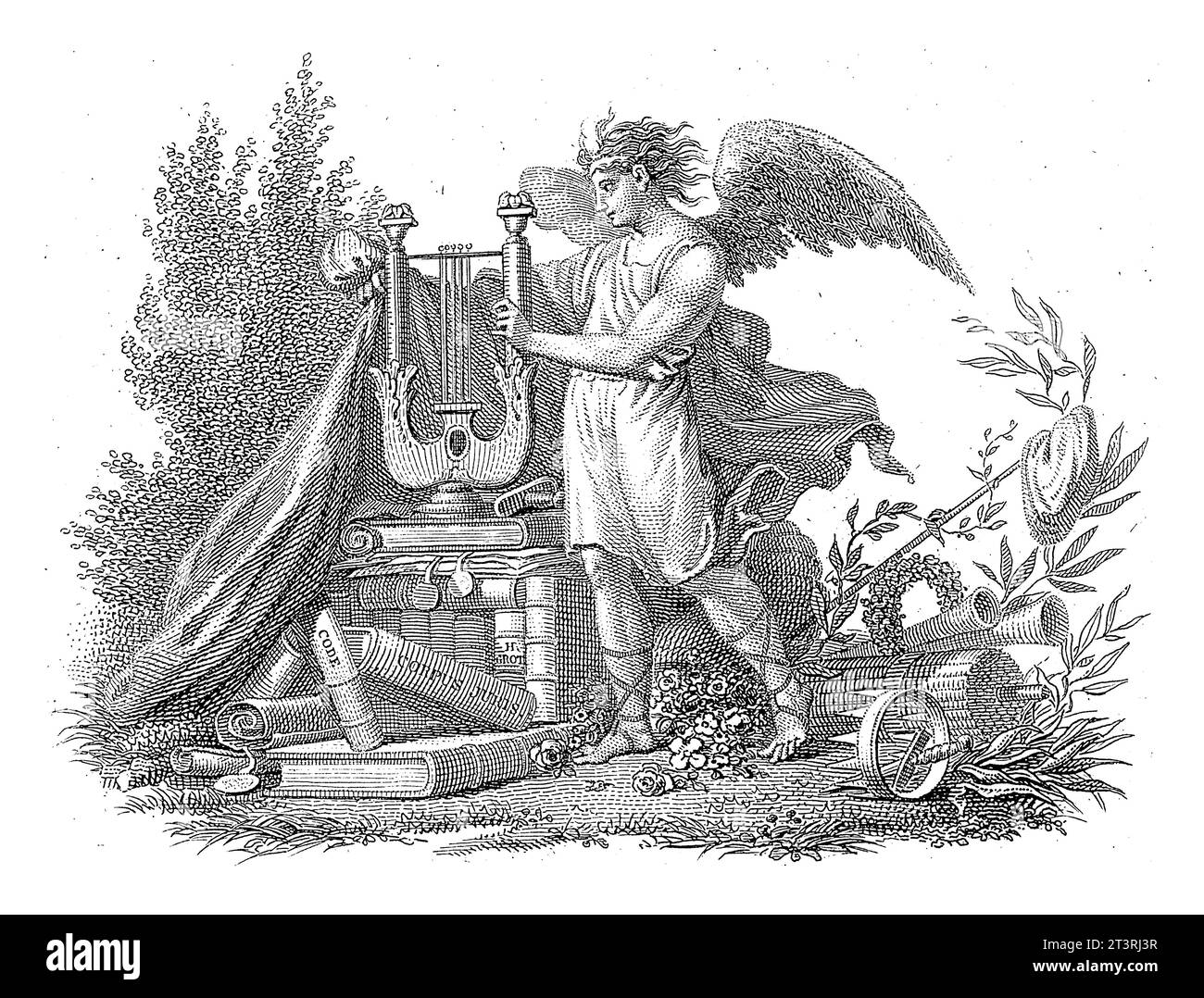 Engel mit einer Leier mit Büchern in einer Landschaft, Philippus Velijn, nach Jacob Smies, 1797–1836 ein Engel mit einer Leier mit einem Stapel Bücher in einem Blatt Stockfoto