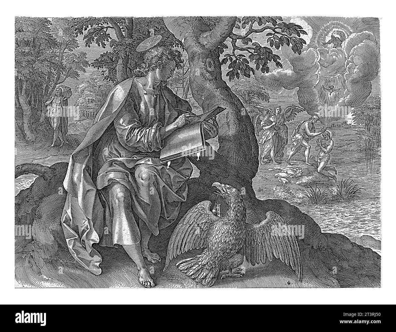 Der Evangelist Johannes schreibt sein Evangelium. Er sitzt am Fuße eines Baumes. Neben ihm der Adler mit dem Tintenfass im Schnabel. Im Hintergrund, Chris Stockfoto