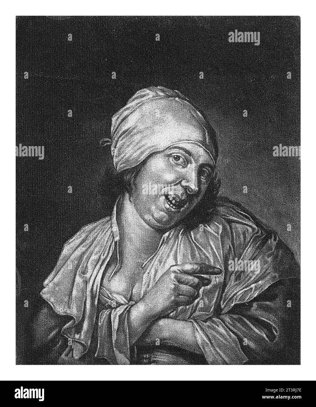 Die lächelnde Frau (das Gesicht), Abraham Bloteling, nach Petrus Staverenus, 1652 - 1690 The SENSE of Face. Eine lächelnde Frau macht eine zeigende Geste mit einer Stockfoto