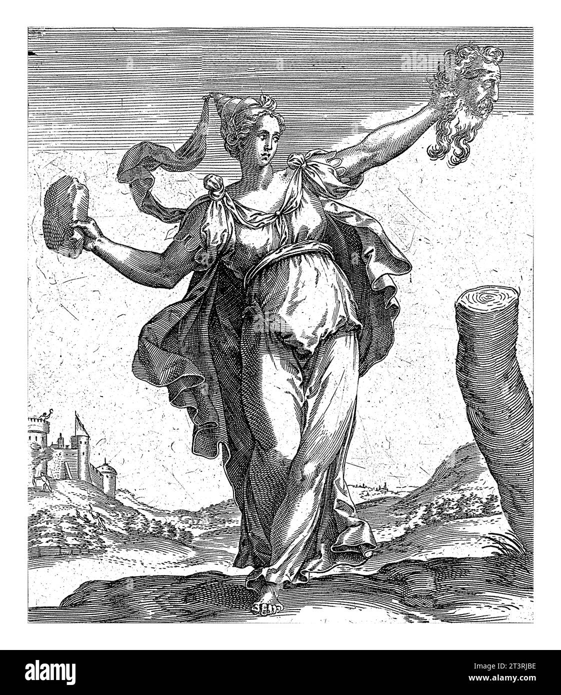 Landschaft mit der Frau aus Tebez, die während der Belagerung ihrer Stadt einen Mühlstein auf Abimelech warf. In ihren Händen der Stein und der Kopf von Abimelech. Stockfoto