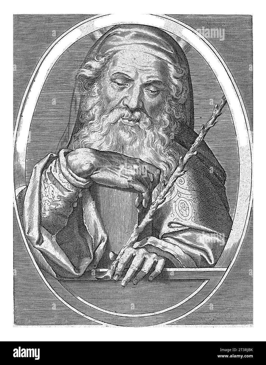 Mozes, Cornelis Galle (I), nach Jan van der Straet, 1613 Moses als alter Mann mit den Steintafeln und einem Stab, in Oval mit lateinischer Inschrift. Strahlen o Stockfoto