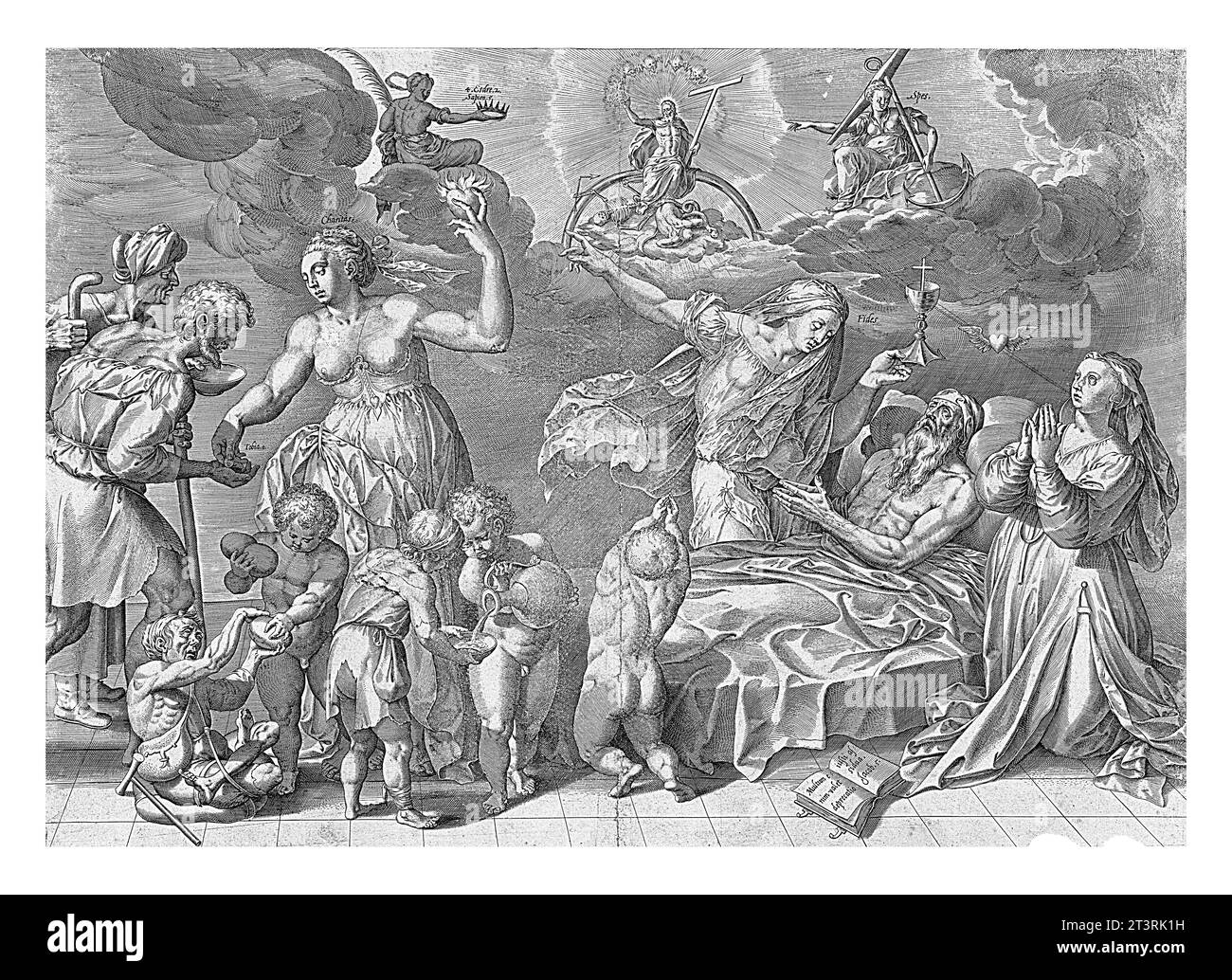 Allegorie des guten Todes des Menschen, Hieronymus Wierix, nach Ambrosius Francken (I), nach Willem van Haecht (I), nach Godefried van Haecht, 1563 – BE Stockfoto