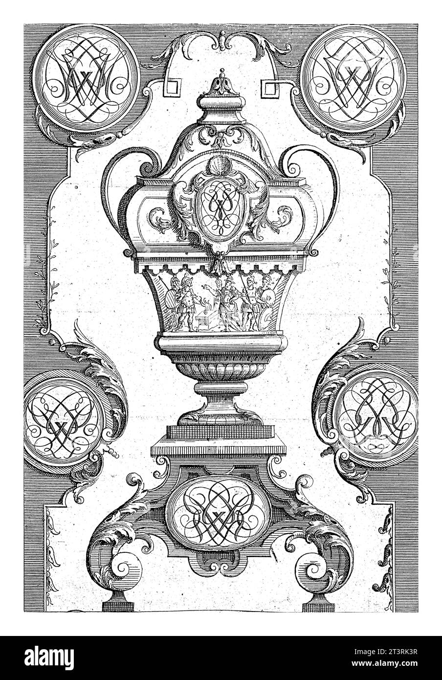 Platte mit Gartenvase mit einigen Kriegern und Monogramm auf der Basis und Monogrammen in den oberen Ecken und am Rand, Gerrit Visscher, nach Jean Bernar Stockfoto