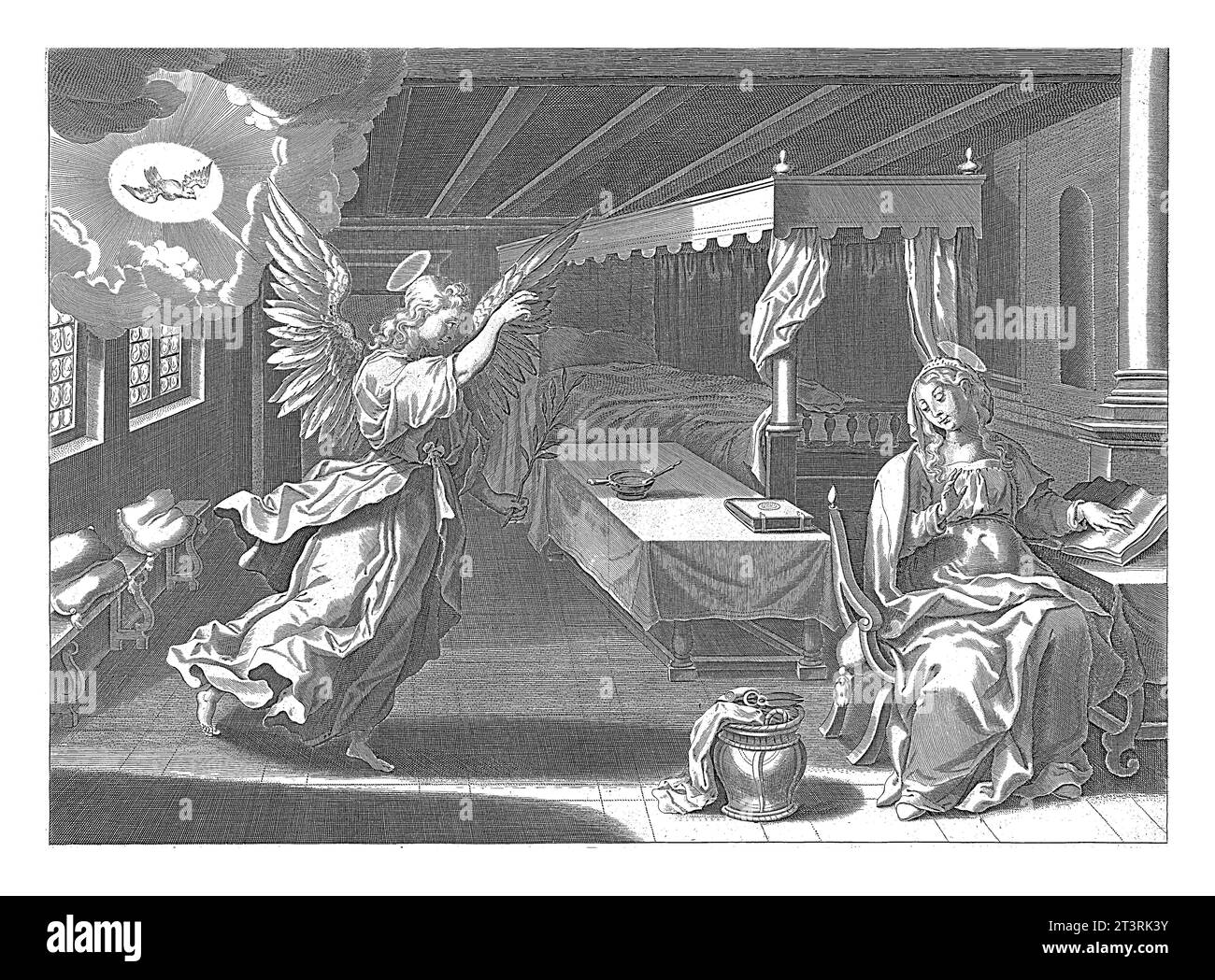 Verkündigung, anonym, nach Cornelis Galle (I), nach Maerten de Vos, 1630–1702 der Engel Gabriel kündigt Maria an, dass sie schwanger werden wird Stockfoto