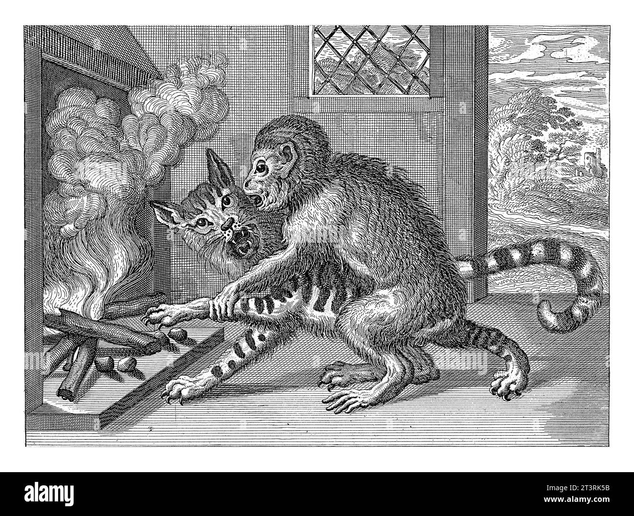 Affe zwingt eine Katze, die Kastanien aus dem Feuer zu nehmen, Jacob Gole, nach Jan Griffier (I), nach Francis Barlow, 1680–1723 in einem Raum, ein Affe h Stockfoto