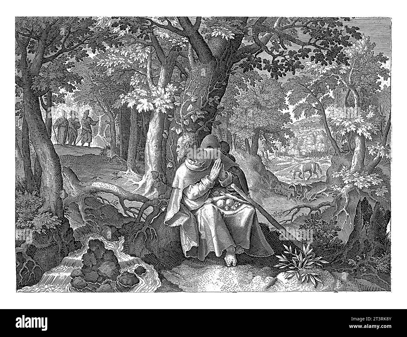 Suatacopius als Einsiedler Jan van Londerseel, nach Maerten de Vos, 1580–1625, hat sich Suatacopius, König von Böhmen und Mähren, in den Wald d zurückgezogen Stockfoto