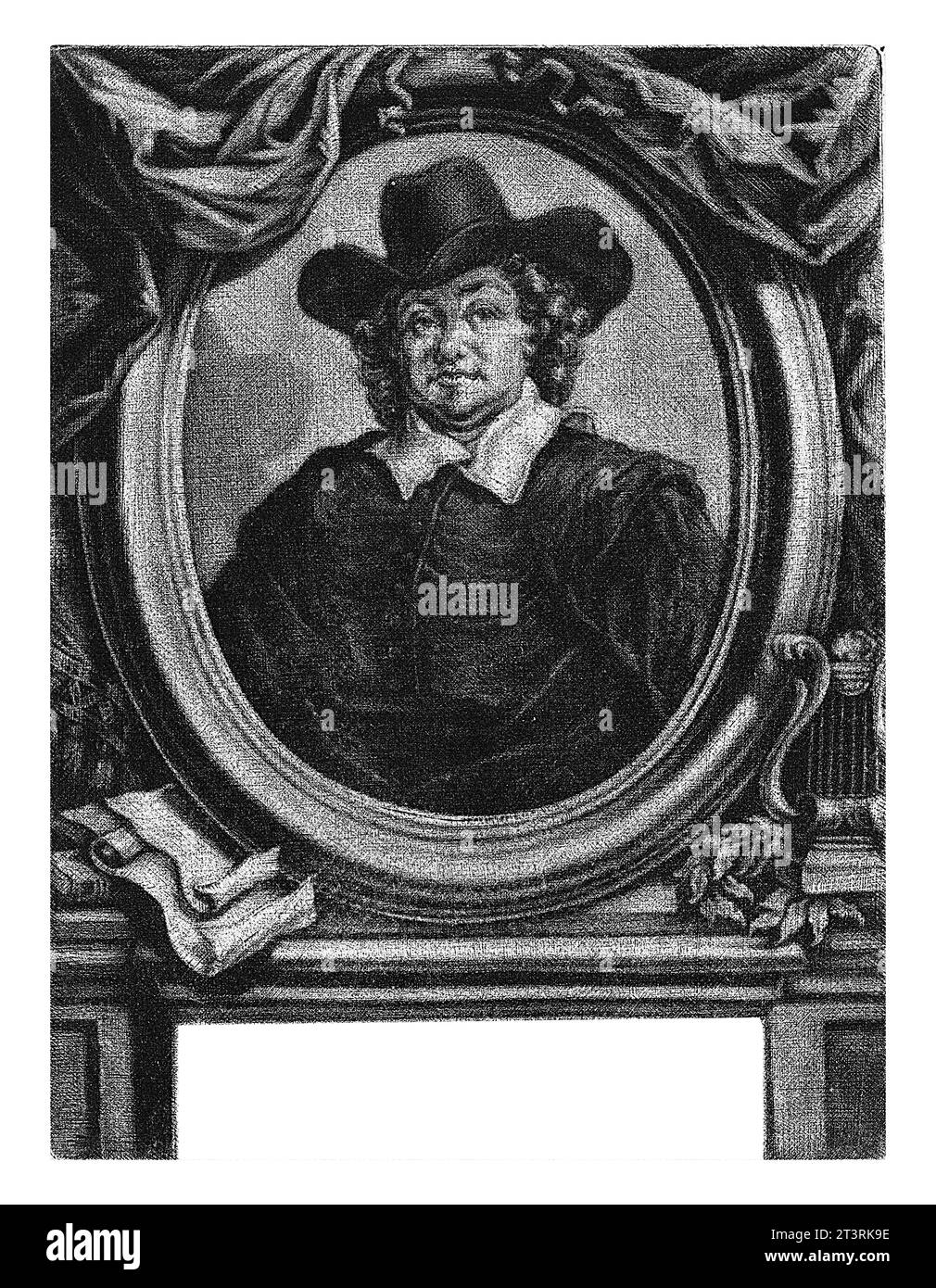 Porträt von Jeremias de Decker, Arnoud van Halen, nach Rembrandt van Rijn, 1683–1732 der Dichter Jeremias de Decker. Außerhalb des Rahmens befinden sich einige Blätter Stockfoto