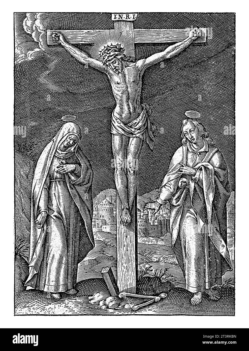 Kreuzigung Christi, Hieronymus Wierix, 1563 - vor 1619 hängt Christus am Kreuz. Am Fuße des Kreuzes Maria und Johannes. Am Rand ein Captio Stockfoto