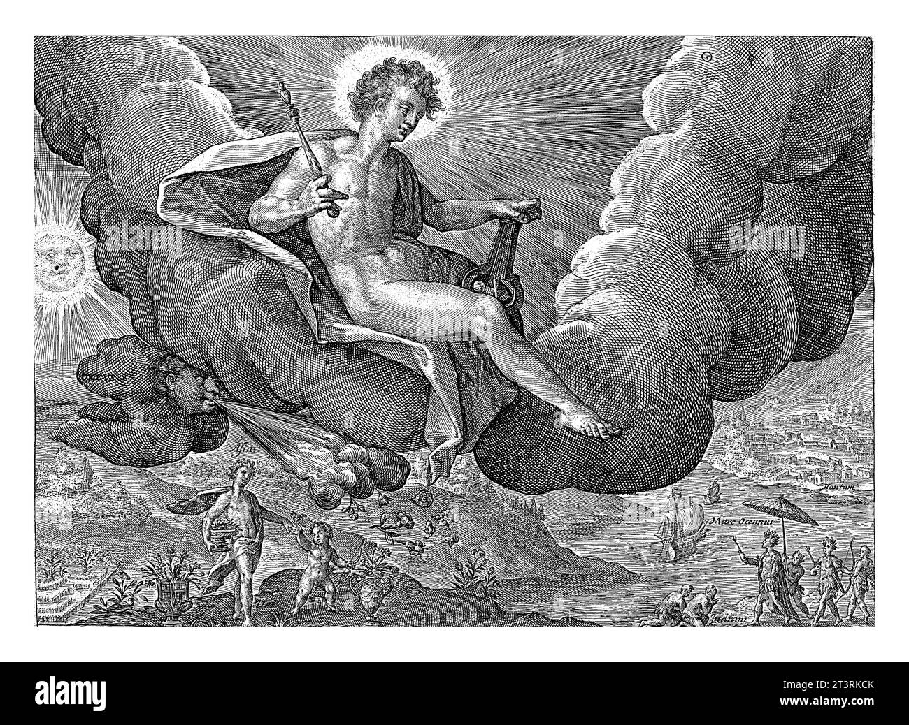 Ostwind, Crispijn van de Passe (I), 1589–1611 Wolkendecke mit dem Gott Apollo als Personifikation des Ostwindes (Eurus). Er hält ein Zepter und Stockfoto