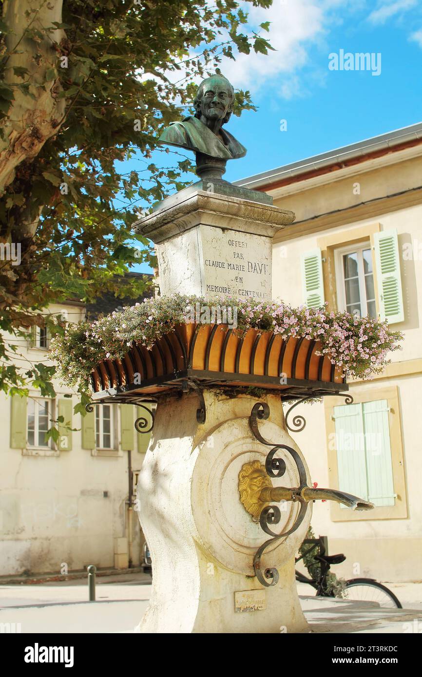 Ein alter Brunnen mit einer Büste von Voltaire in Ferney-Voltaire, Frankreich. Ferney-Voltaire ist eine Stadt und Gemeinde in Frankreich, im Departement Ain, in der Nähe der Stockfoto