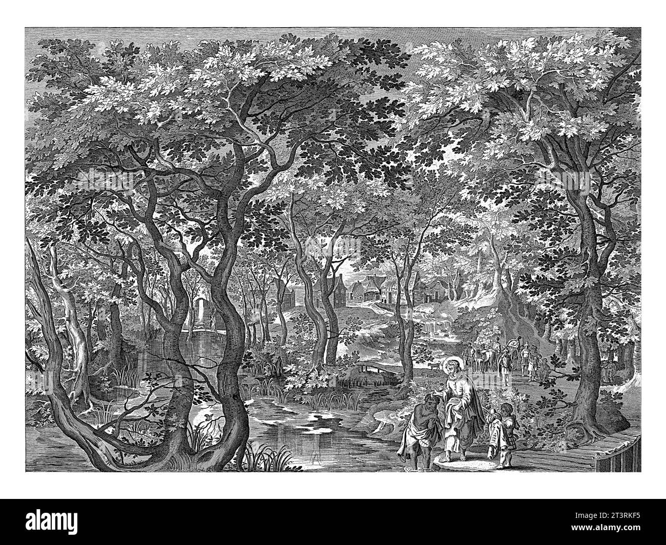 Landschaft mit der Taufe des äthiopischen Kammerherren durch Filippus, anonym, nach Nicolaes de Bruyn, nach Gilles van Coninxloo (II), 1630–1702 Stockfoto