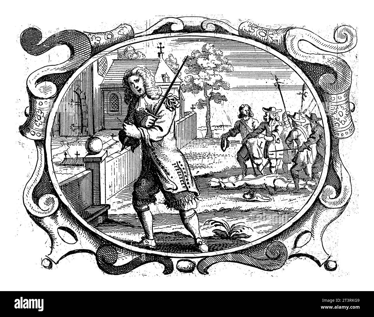 In Adversity God is a Refuge, Gaspar Bouttats, 1679 Seite aus einem Buch (S.63) mit Text auf Verso. In einer ovalen Kartusche ein Mann mit einem Greifer, der Ref. Nimmt Stockfoto