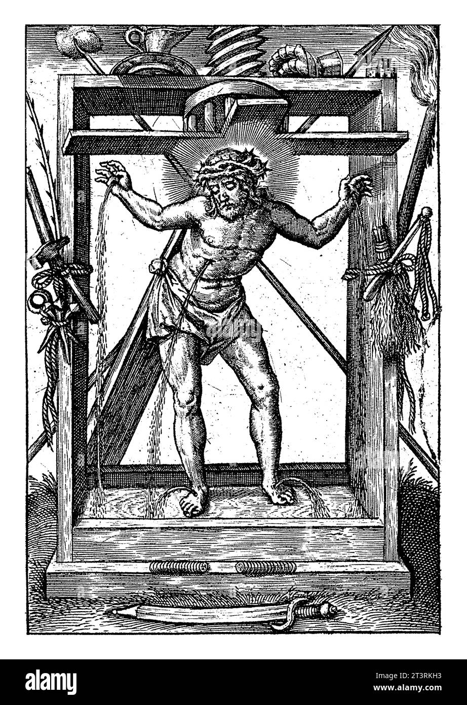 Christus in der Weinpresse, Hieronymus Wierix, 1563 - vor 1619 steht Christus unter einer Weinpresse gebückt, mit dem Kreuz auf dem Rücken. Stockfoto