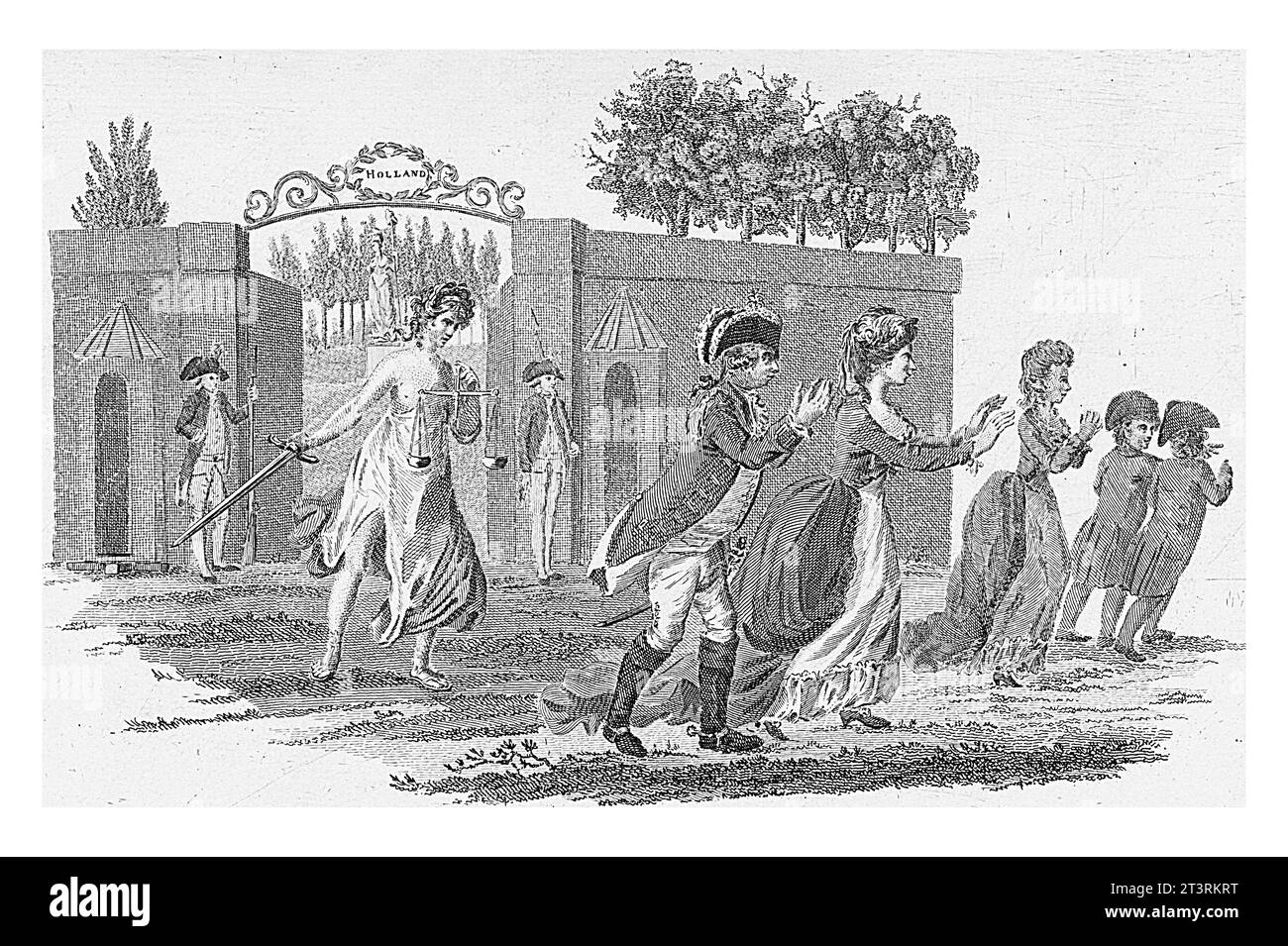 Statthalterfamilie aus den Niederlanden vertrieben, 1795, anonym, 1795 Cartoon, in dem die Statthalterfamilie von einem von Mauern umgebenen Gericht verjagt wird Stockfoto