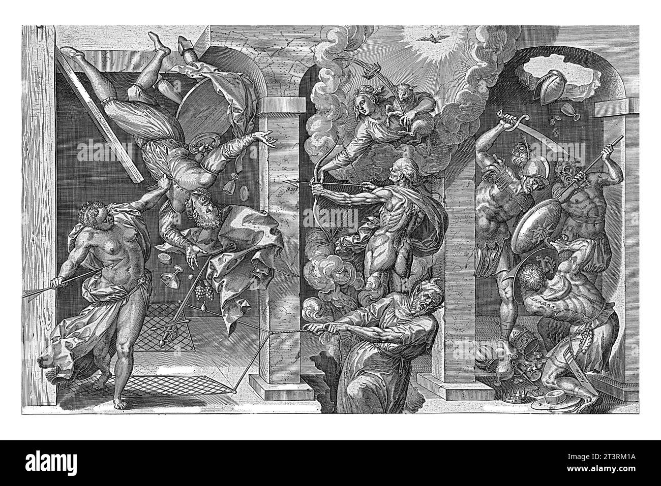 Der Fall des Menschen, Hieronymus Wierix, nach Ambrosius Francken (I), nach Willem van Haecht (I), 1578 Allegorie des Untergangs des Menschen. Der Weltmensch. Stockfoto