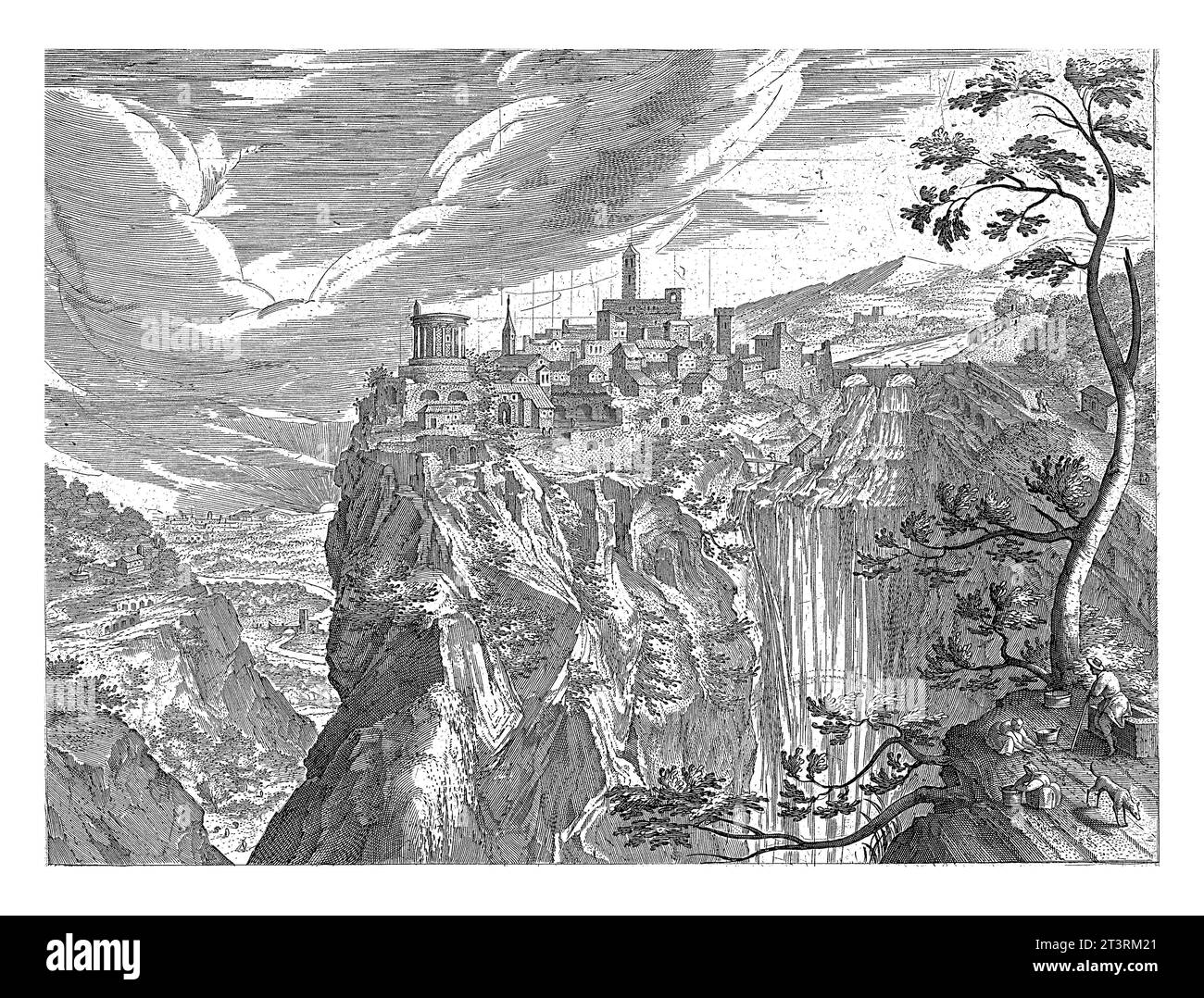 Blick auf Tivoli, Adriaen Collaert, nach Hendrick van Cleve, 1587 Blick auf die Wasserfälle von Tivoli sowie die antiken Ruinen der Stadt. Stockfoto