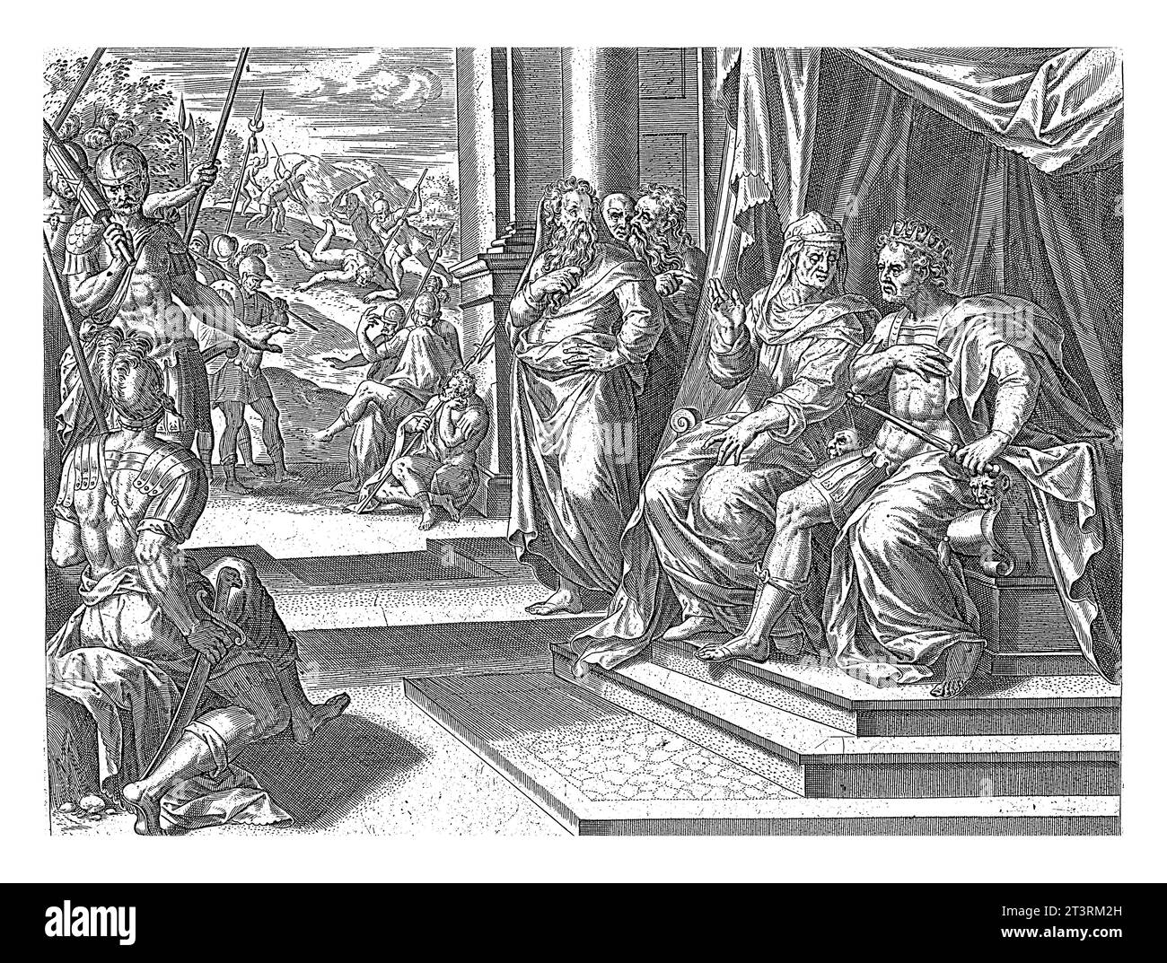 Bathsheba übergibt die Bitte Adonias an Salomo, Hans Collaert (I) (zugeschrieben), nach Jan Snellinck (I), 1596–1643 Bathsheba sitzt rechts han Stockfoto