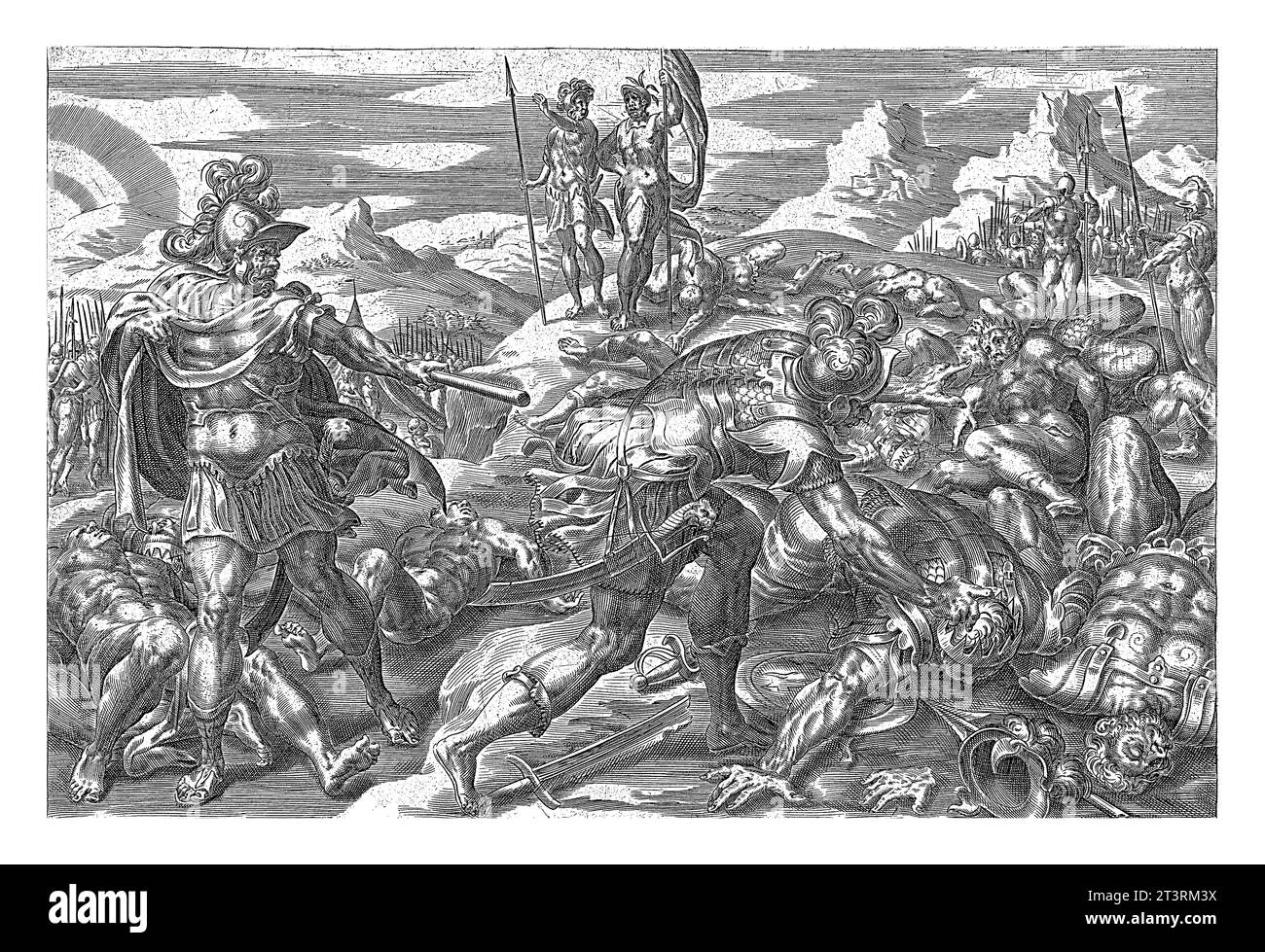 31 Könige besiegt von Joshua, Harmen Jansz Muller, nach Gerard van Groeningen, 1579–1585 Joshua steht links in einer Landschaft und Punkten Stockfoto