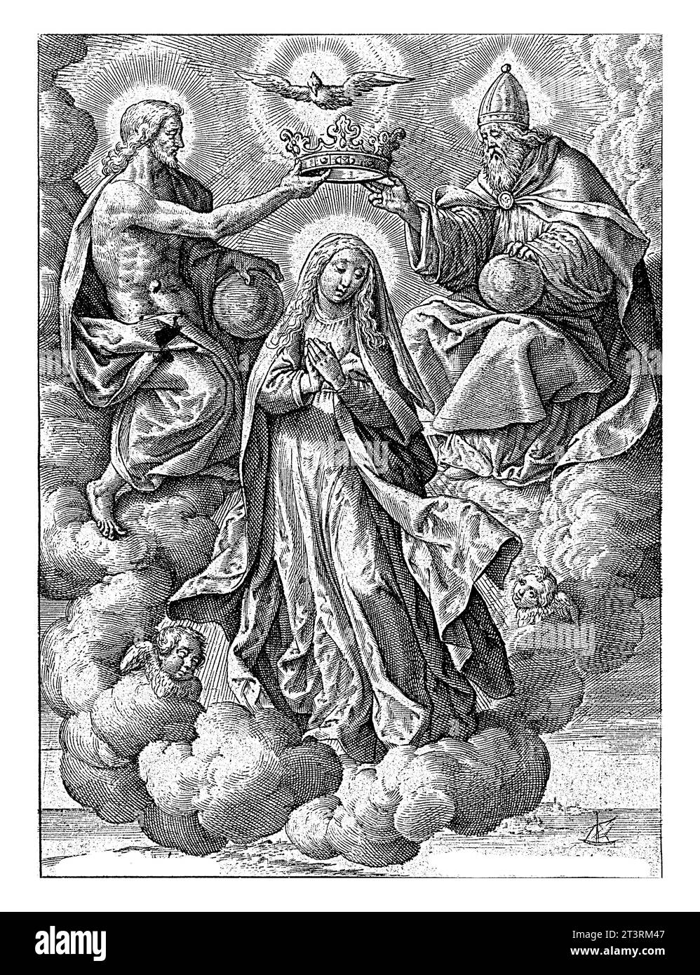 Krönung Mariens, Hieronymus Wierix, nach Maerten de Vos, 1563 – vor 1619 wird Maria im Himmel von der Dreifaltigkeit gekrönt. Stockfoto