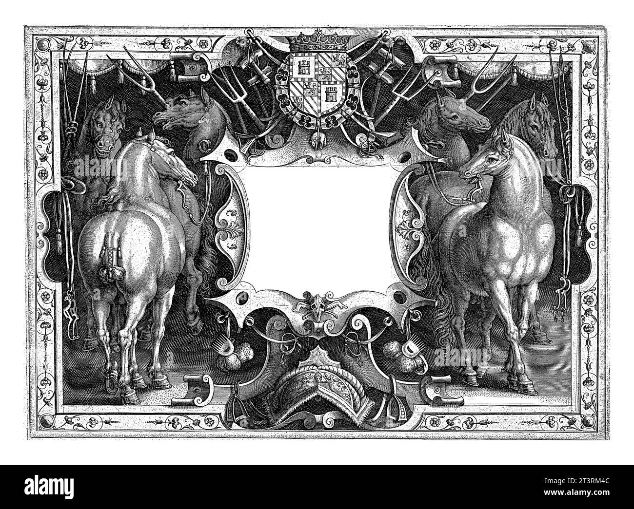 Titeldruck einer Serie über den königlichen Stall von Don Juan von Österreich, Adriaen Collaert, nach Jan van der Straet, um 1578 - um 1582 Stockfoto