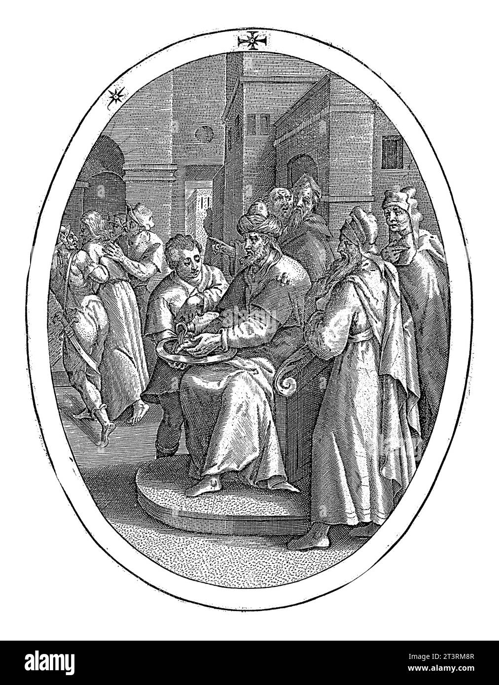 Pilatus wäscht seine Hände in Unschuld, Crispijn van de Passe (I), 1600 Christus wird zum Tode verurteilt und weggenommen. Pilate wäscht seine Hände in Innocenc Stockfoto