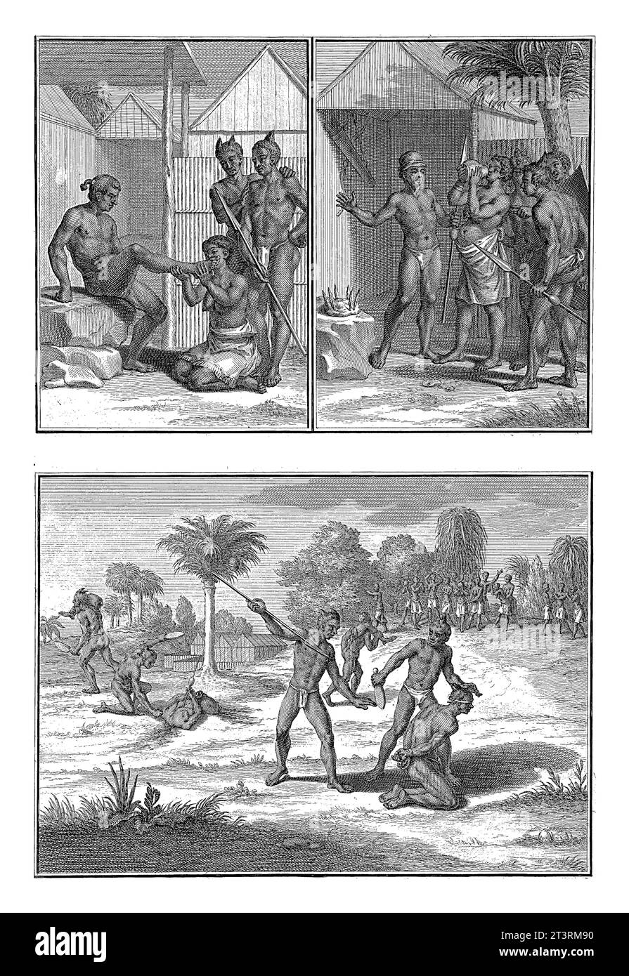 Bräuche der Bewohner von Guinea, Bernard Picart (Werkstatt von), nach Bernard Picart, 1727 Blatt mit vier Darstellungen der Bräuche der Einwohner o Stockfoto