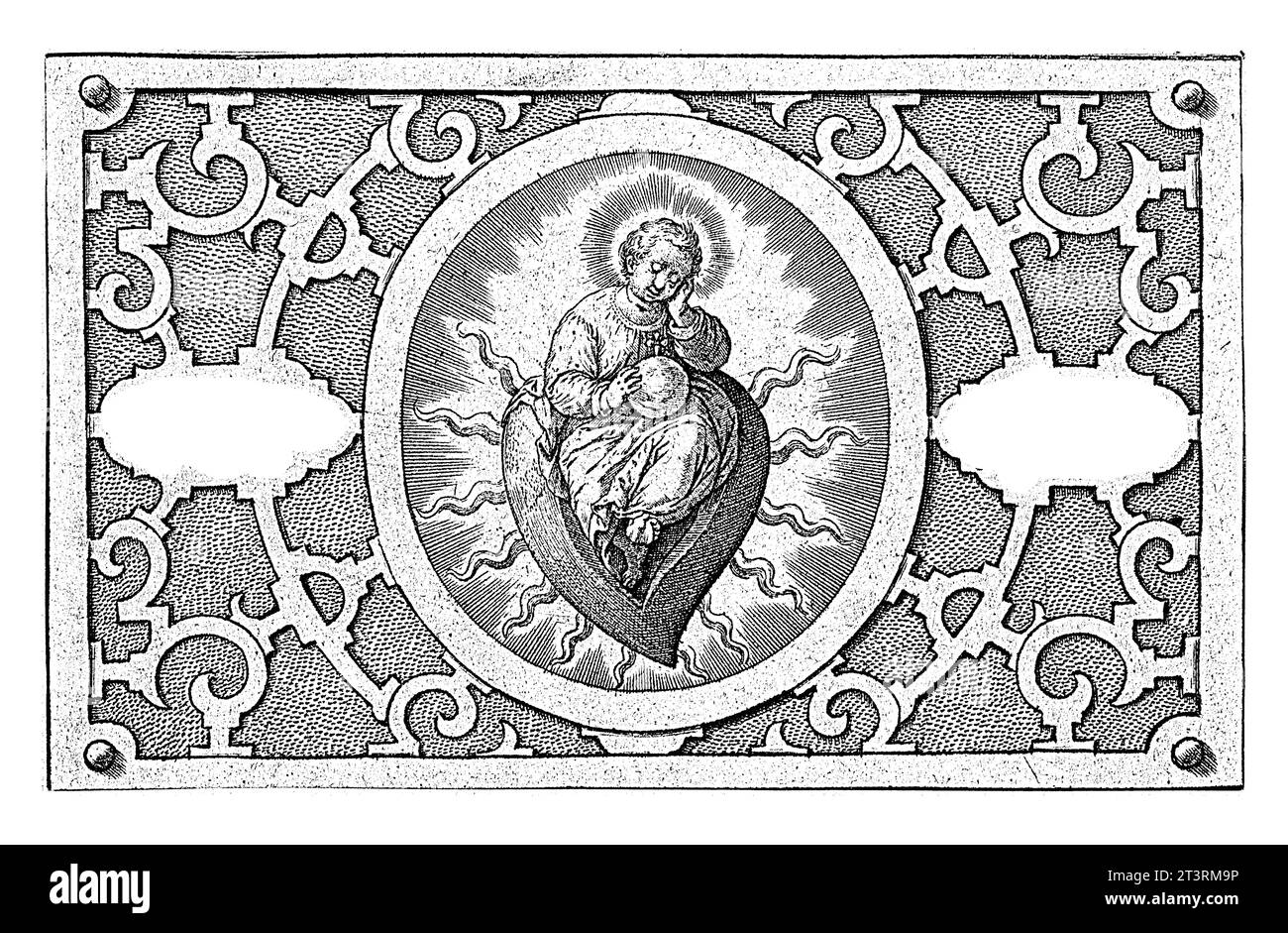 Schlafendes Christkind auf einem Flammenherz, Hieronymus Wierix, 1563 - vor 1619 sitzt das schlafende Christkind auf einem Flammenherz, umgeben von Strahlen Stockfoto Schlafendes Christkind auf einem Flammenherz, Hieronymus Wierix, 1563 - vor 1619 sitzt das schlafende Christkind auf einem Flammenherz, umgeben von Strahlen Stockfoto