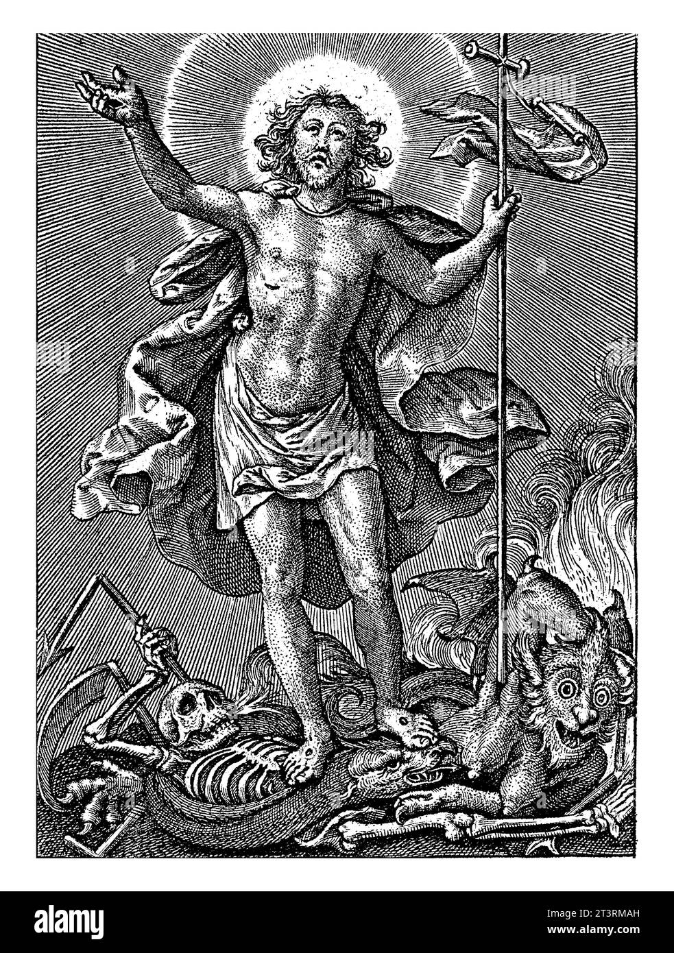 Triumphierender Christus, Hieronymus Wierix, 1563 – vor 1619 überwindet der triumphierende Christus den Tod und den Teufel. Stockfoto