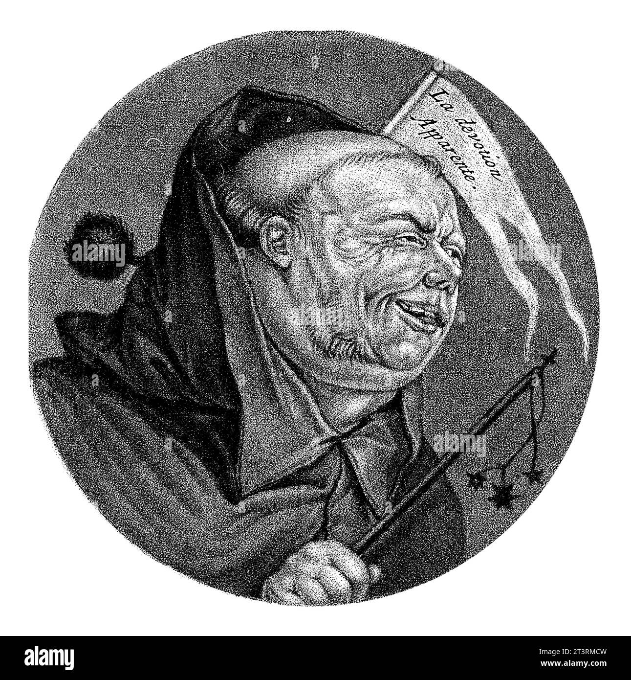 Mönch mit einer Peitsche, Jacob Gole, nach Cornelis DuSart, 1693–1700 Mönch mit einer Peitsche und einer Flagge mit dem Text La Devotion Apparente. Stockfoto