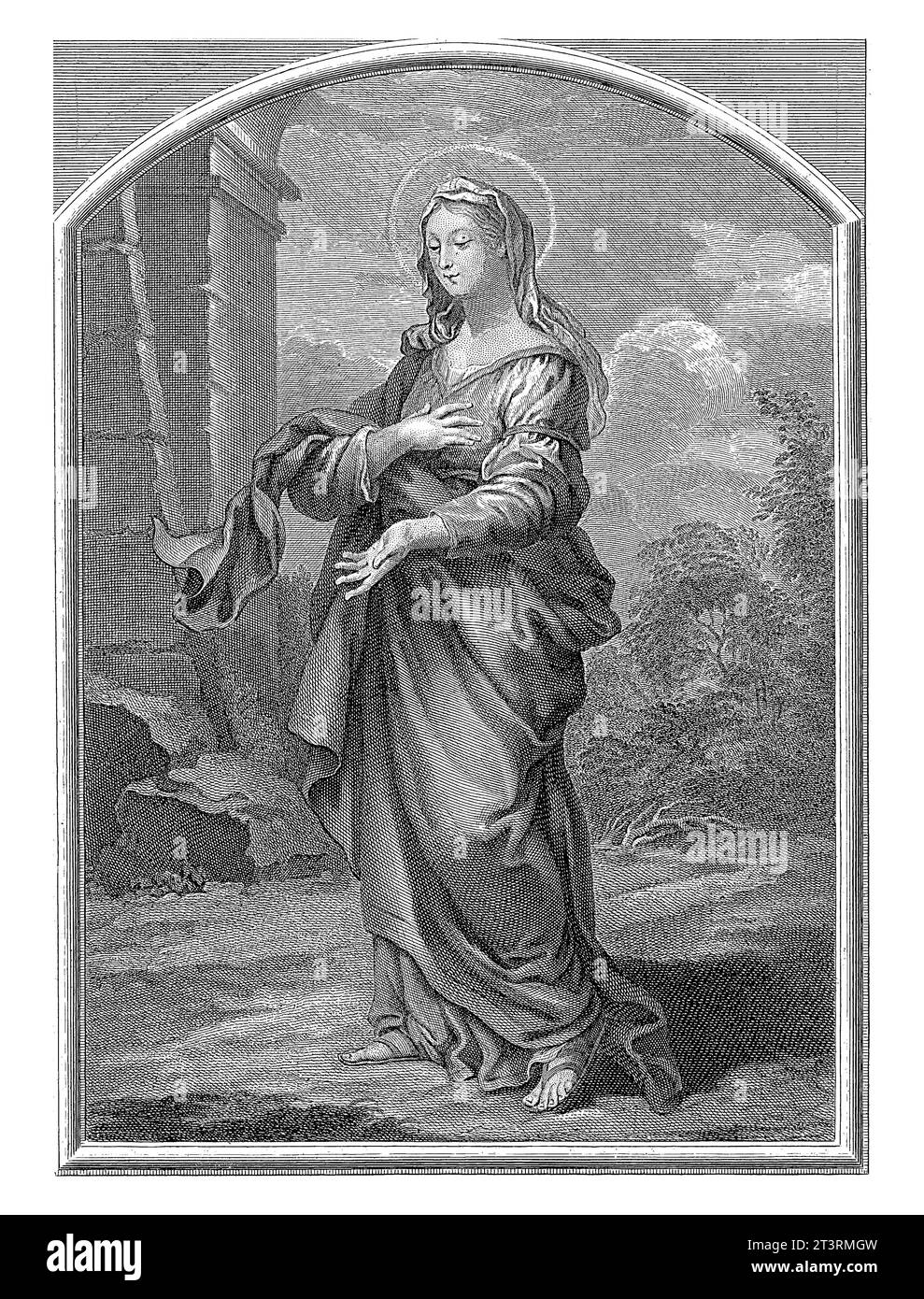 Virgin in a Landscape, Simon de La Vallee, nach Francois Boucher, 1726, Vintage graviert. Stockfoto