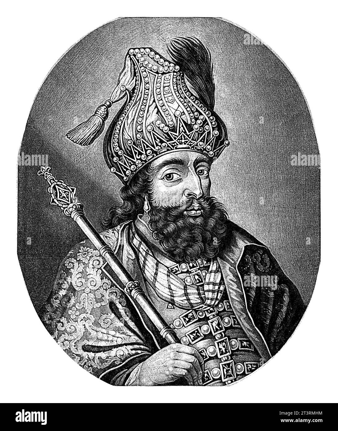 Porträt eines Herrschers des Mogul-Reiches, Pieter Schenk (I), 1670–1713 Ein Herrscher des Mogul-Reiches in Indien mit Perlenkopfschmuck. Er hat einen Stockfoto