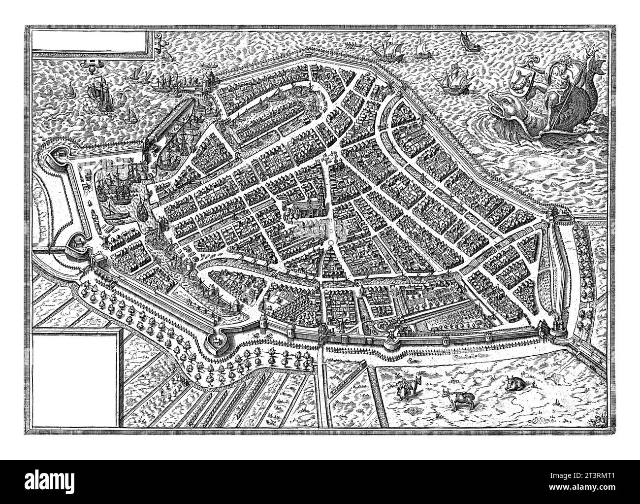 Karte von Hoorn, Paulus van Wtewael, 1596 Karte der ummauerten Stadt Hoorn aus der Vogelperspektive. Am Boden Kühe und Pferde auf der Wiese. Stockfoto