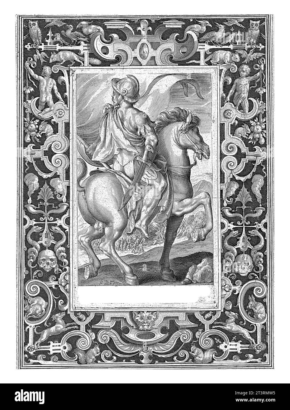 Held Alexander der große zu Pferd im Rahmen mit Ornamenten, Nicolaes de Bruyn, 1581 - 1594 Hero Alexander der große zu Pferd. In rechteckig fr Stockfoto
